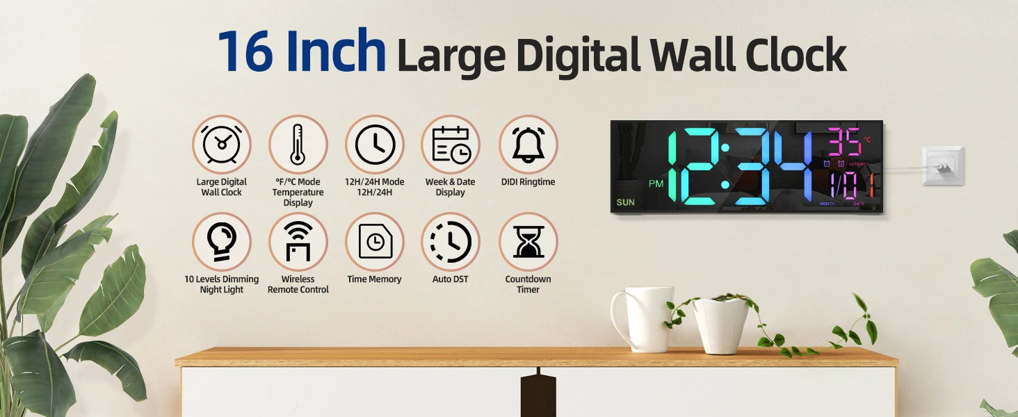 Reloj Digital de Pared LED Gigante 16.2" con Mando