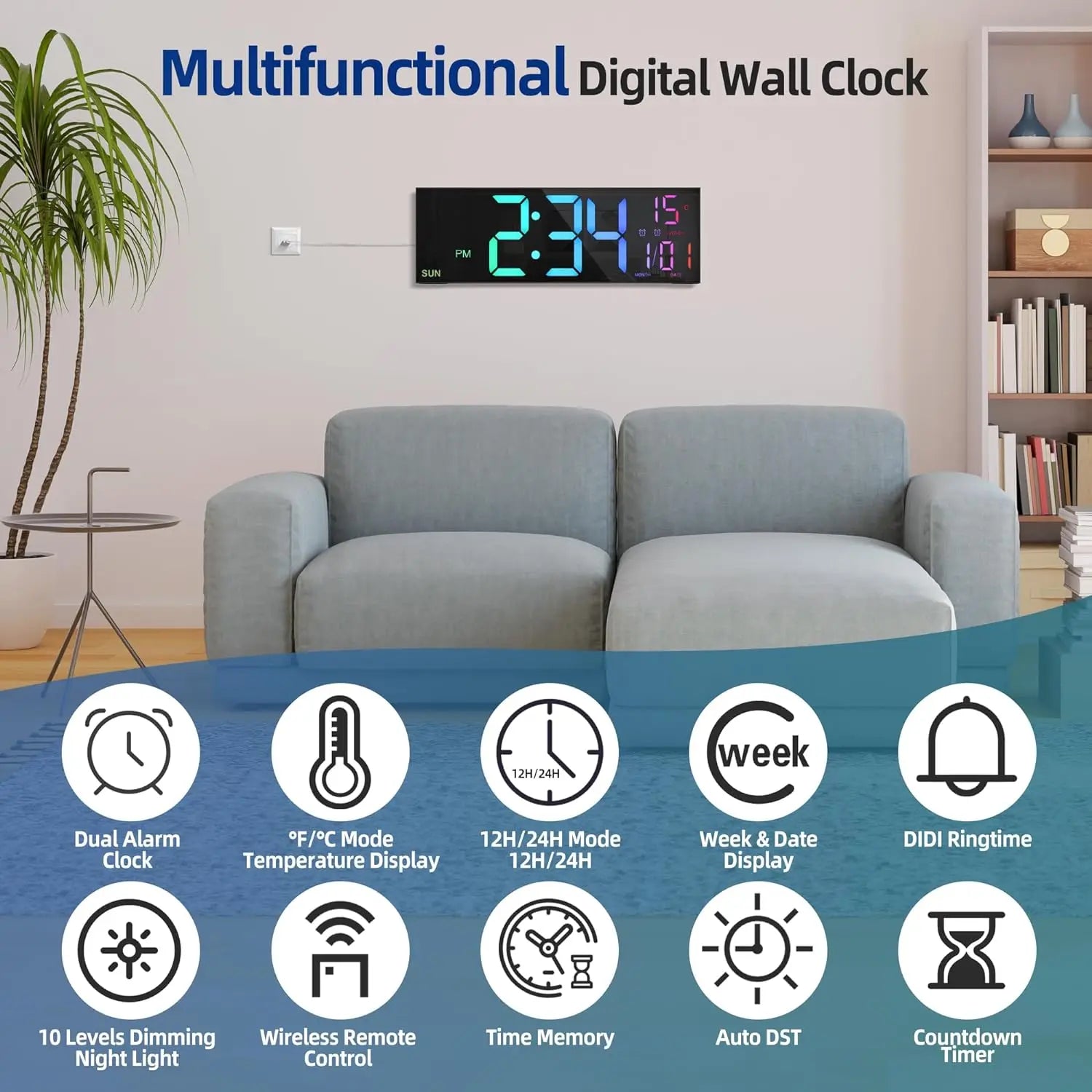 Reloj Digital de Pared LED Gigante 16.2" con Mando
