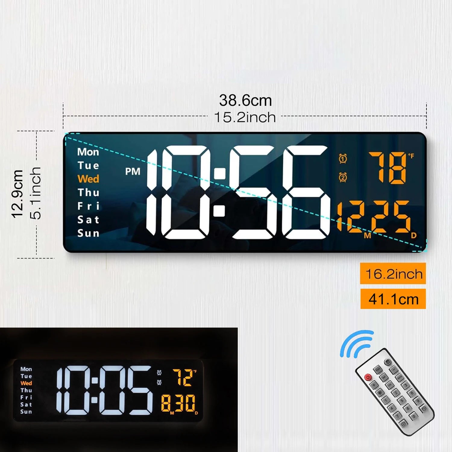 Reloj Digital de Pared LED Gigante 16.2" con Mando