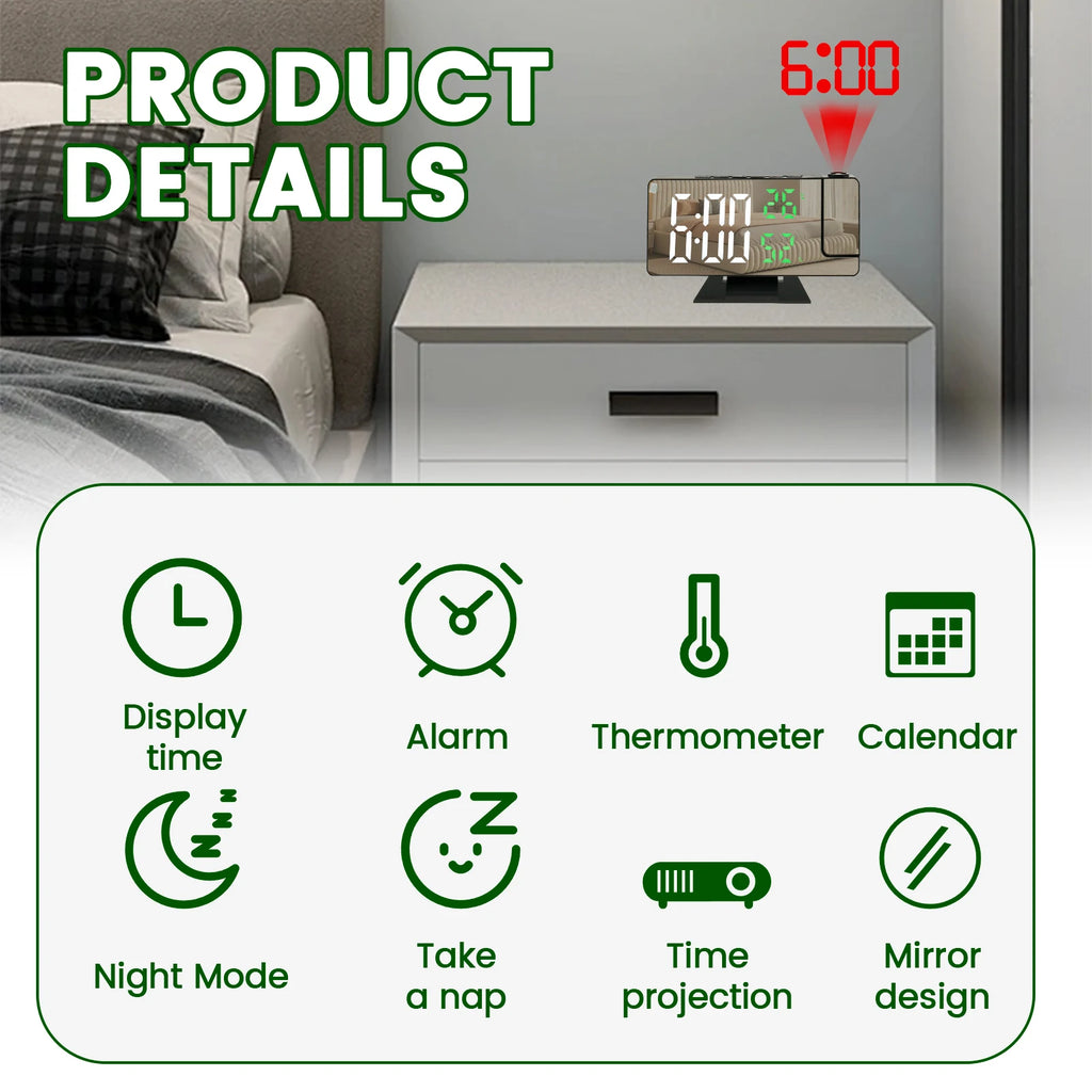 Reloj Despertador Digital LED con Proyector 180°