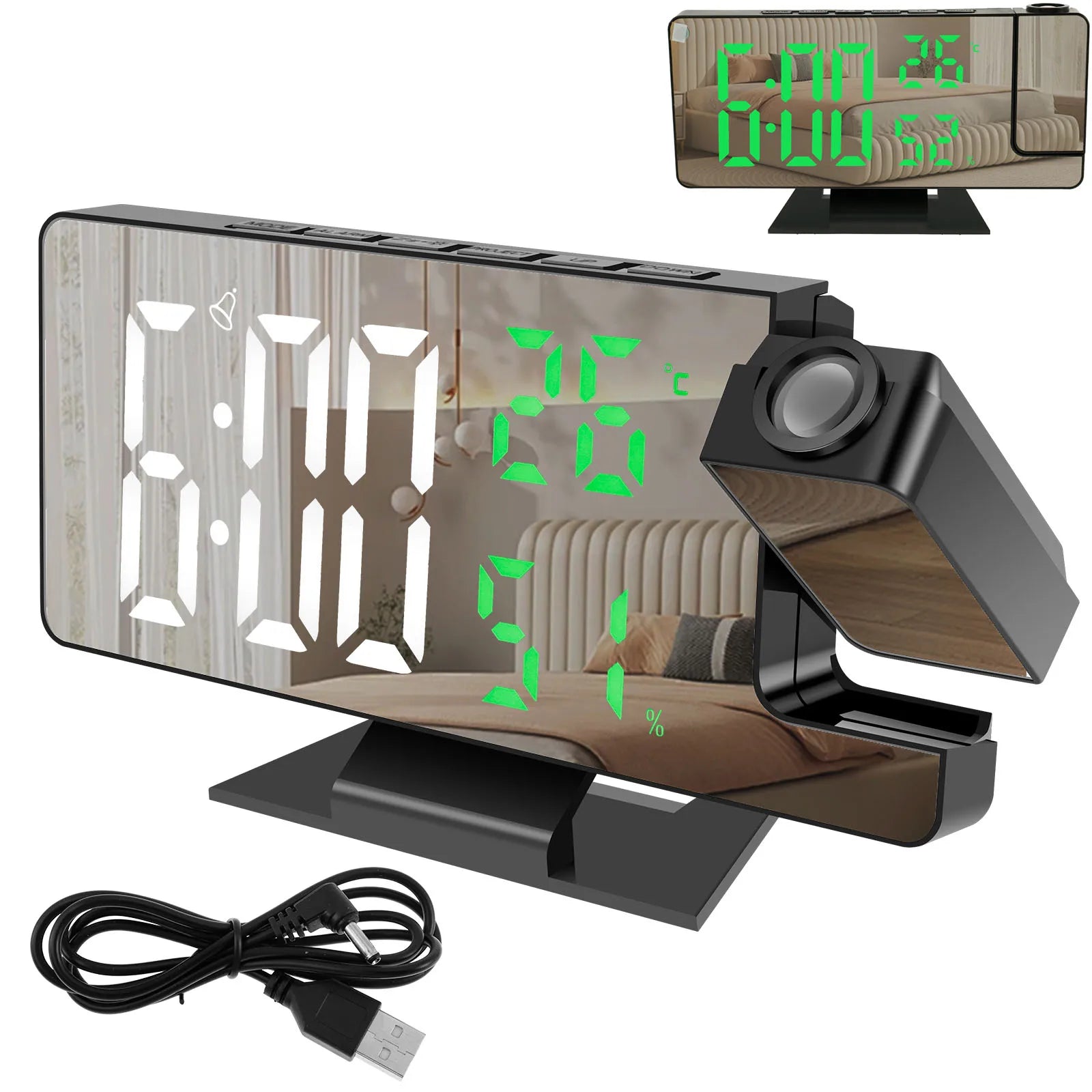 Reloj Despertador Digital LED con Proyector 180°